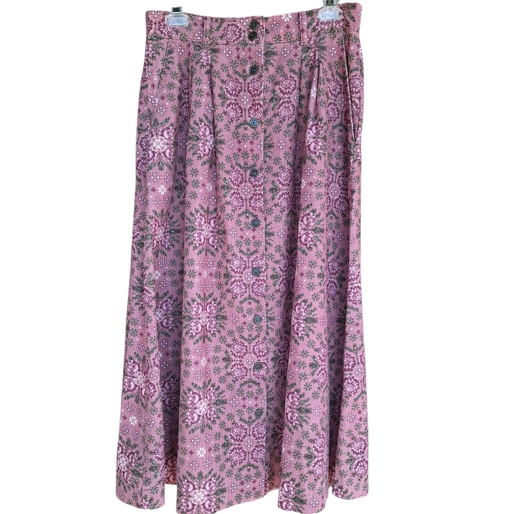 Corduroy button up cottagecore grandma country vintage 90s floral Midi Skirt
